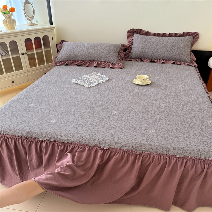 91家纺网 家纺一手货源 找家纺 梦舒羽 2025新款水洗珍珠棉单件床裙双层纱床垫保护罩三件套 墨染芳华