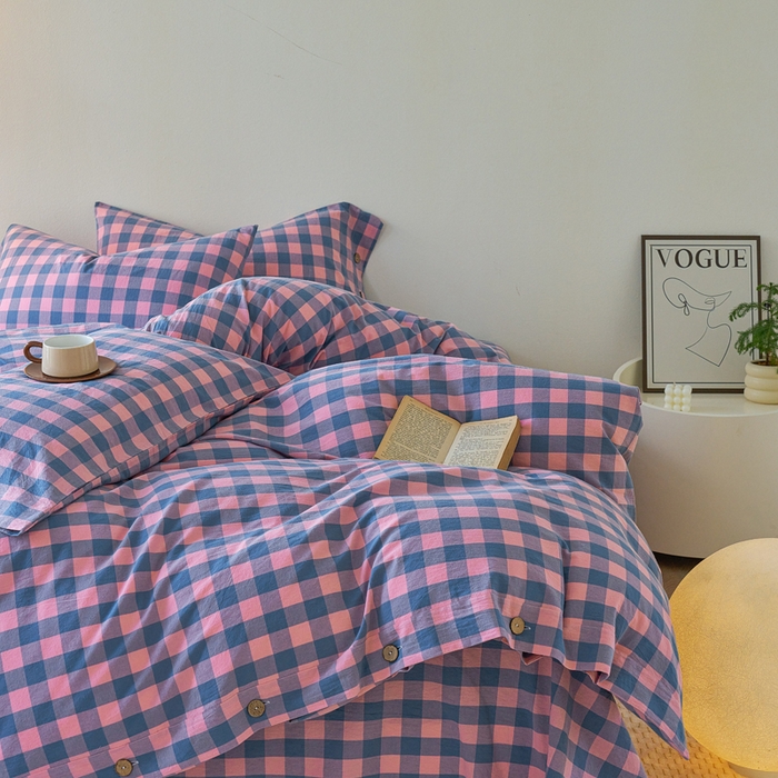 91家纺网 家纺一手货源 找家纺 贝尔 PELLHOME 全棉色织水洗棉格子单被套（可抖音代发） 梦幻-粉
