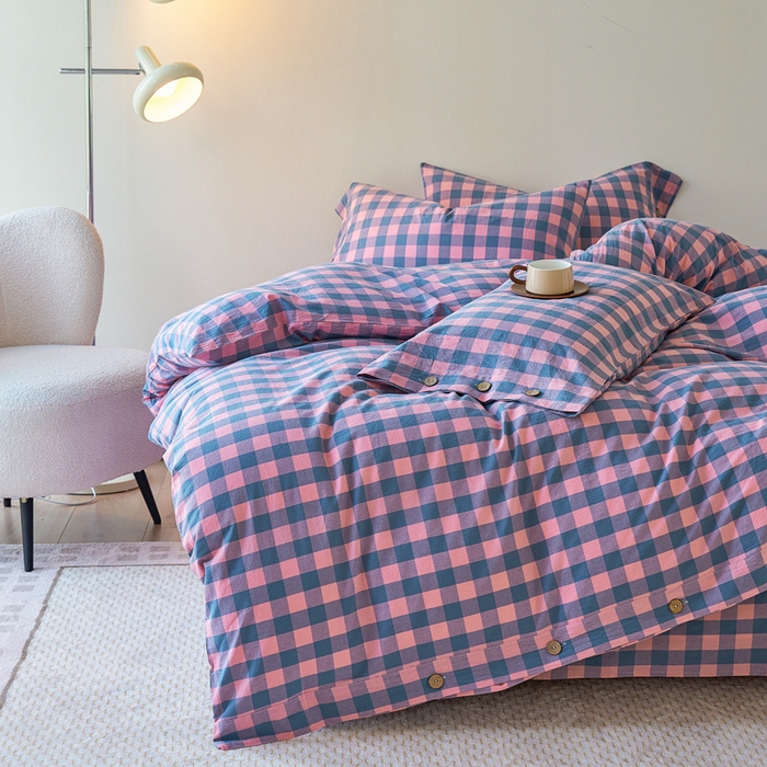 91家纺网 家纺一手货源 找家纺 贝尔 PELLHOME 全棉色织水洗棉格子单被套（可抖音代发） 梦幻-粉