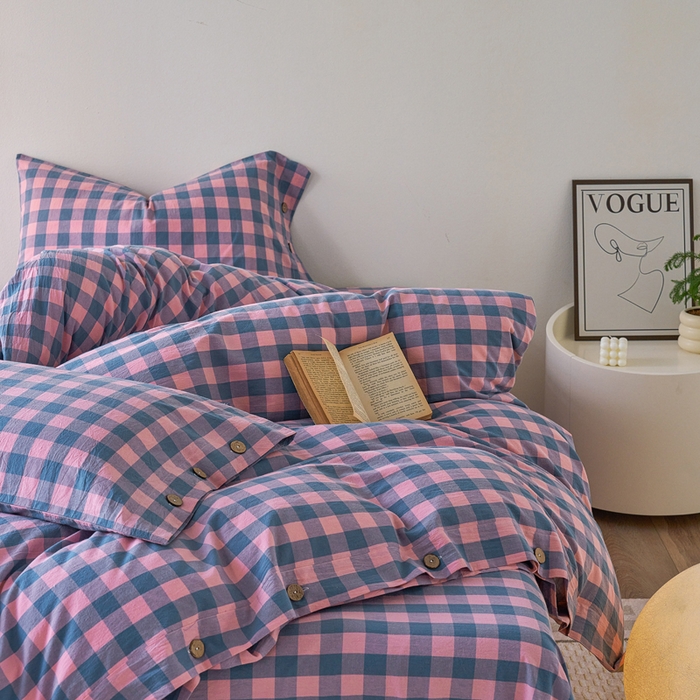 91家纺网 家纺一手货源 找家纺 贝尔 PELLHOME 全棉色织水洗棉格子单被套（可抖音代发） 梦幻-粉