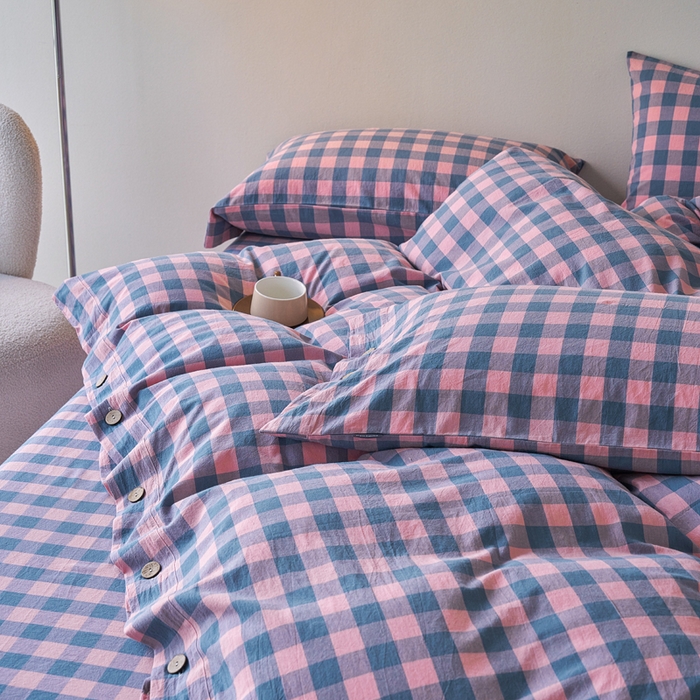 91家纺网 家纺一手货源 找家纺 贝尔 PELLHOME 全棉色织水洗棉格子单被套（可抖音代发） 梦幻-粉