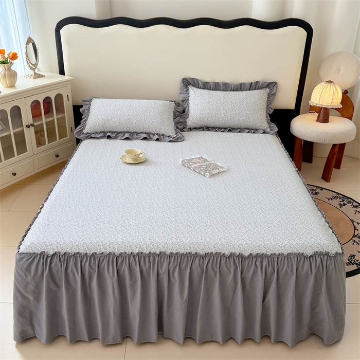 91家纺网 家纺一手货源 找家纺 梦舒羽 2025新款水洗珍珠棉单件床裙双层纱床垫保护罩三件套 宁静花园