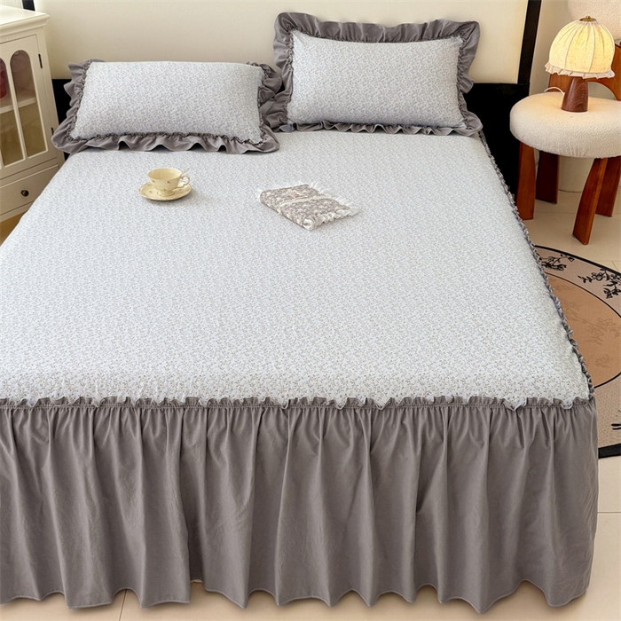 91家纺网 家纺一手货源 找家纺 梦舒羽 2025新款水洗珍珠棉单件床裙双层纱床垫保护罩三件套 宁静花园