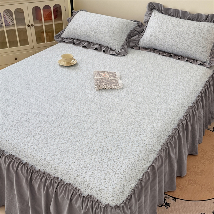 91家纺网 家纺一手货源 找家纺 梦舒羽 2025新款水洗珍珠棉单件床裙双层纱床垫保护罩三件套 宁静花园