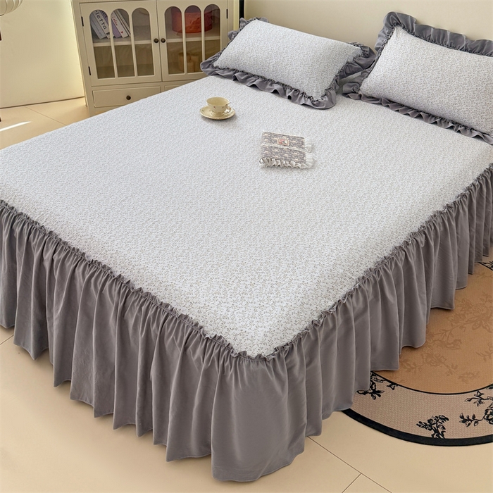 91家纺网 家纺一手货源 找家纺 梦舒羽 2025新款水洗珍珠棉单件床裙双层纱床垫保护罩三件套 宁静花园