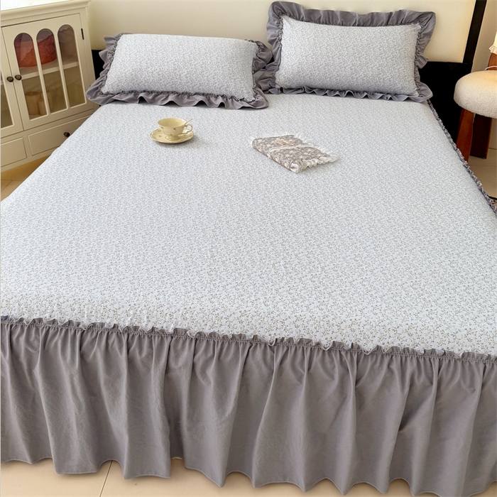 91家纺网 家纺一手货源 找家纺 梦舒羽 2025新款水洗珍珠棉单件床裙双层纱床垫保护罩三件套 宁静花园