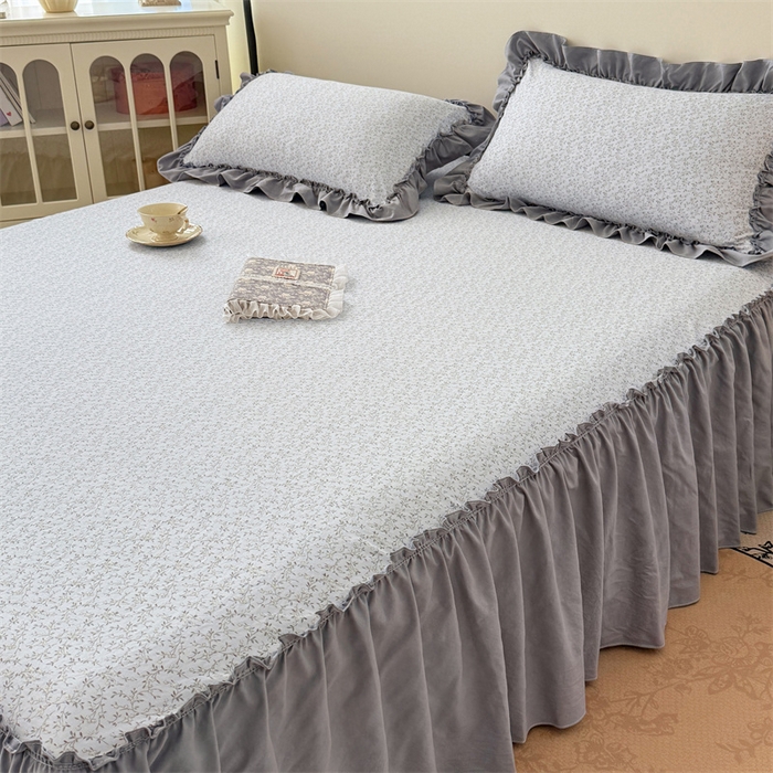 91家纺网 家纺一手货源 找家纺 梦舒羽 2025新款水洗珍珠棉单件床裙双层纱床垫保护罩三件套 宁静花园