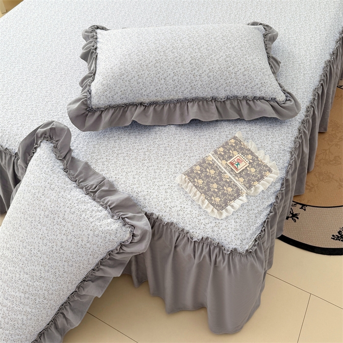 91家纺网 家纺一手货源 找家纺 梦舒羽 2025新款水洗珍珠棉单件床裙双层纱床垫保护罩三件套 宁静花园