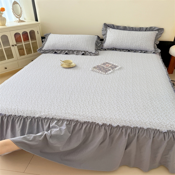 91家纺网 家纺一手货源 找家纺 梦舒羽 2025新款水洗珍珠棉单件床裙双层纱床垫保护罩三件套 宁静花园
