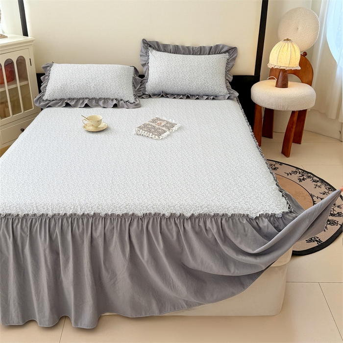 91家纺网 家纺一手货源 找家纺 梦舒羽 2025新款水洗珍珠棉单件床裙双层纱床垫保护罩三件套 宁静花园