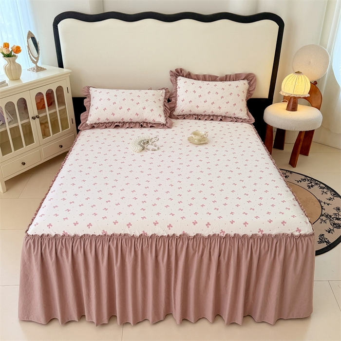 91家纺网 家纺一手货源 找家纺 梦舒羽 2025新款水洗珍珠棉单件床裙双层纱床垫保护罩三件套 怦然心动