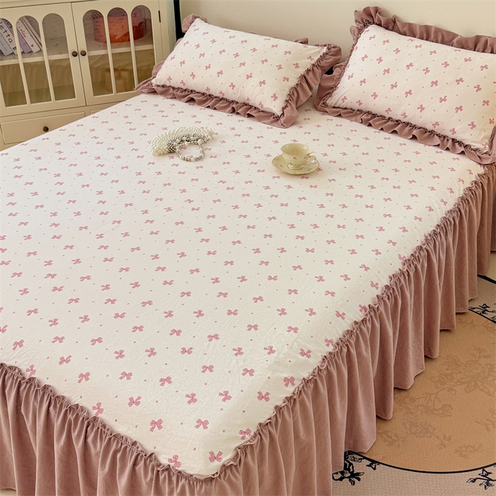 91家纺网 家纺一手货源 找家纺 梦舒羽 2025新款水洗珍珠棉单件床裙双层纱床垫保护罩三件套 怦然心动