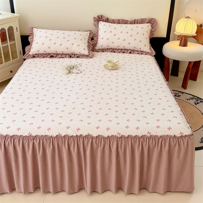 91家纺网 家纺一手货源 找家纺 梦舒羽 2025新款水洗珍珠棉单件床裙双层纱床垫保护罩三件套 怦然心动