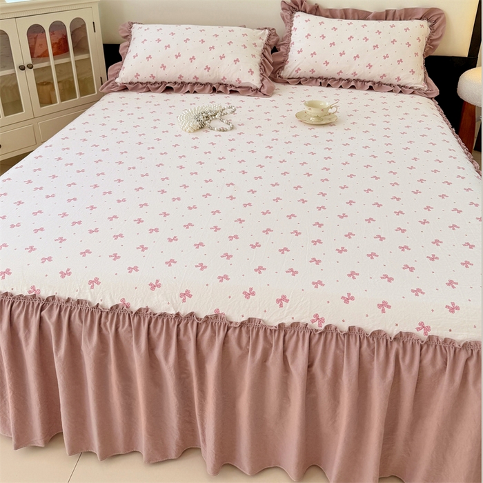 91家纺网 家纺一手货源 找家纺 梦舒羽 2025新款水洗珍珠棉单件床裙双层纱床垫保护罩三件套 怦然心动