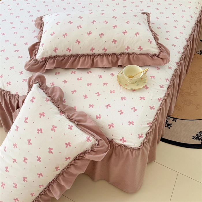 91家纺网 家纺一手货源 找家纺 梦舒羽 2025新款水洗珍珠棉单件床裙双层纱床垫保护罩三件套 怦然心动