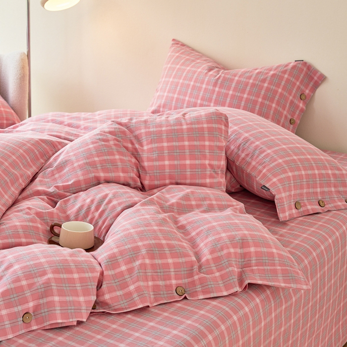 91家纺网 家纺一手货源 找家纺 贝尔 PELLHOME 全棉色织水洗棉格子单被套（可抖音代发） 梦田-粉