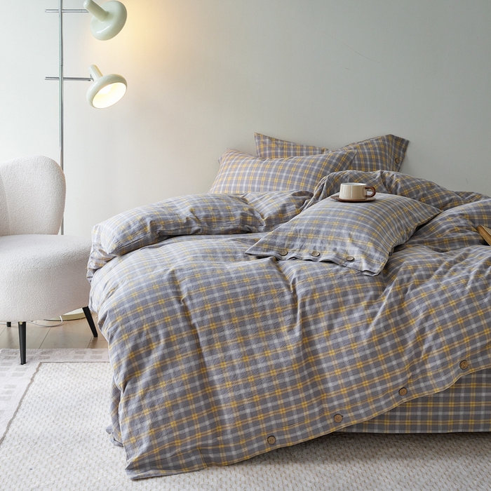 91家纺网 家纺一手货源 找家纺 贝尔 PELLHOME 全棉色织水洗棉格子单被套（可抖音代发） 梦田-灰