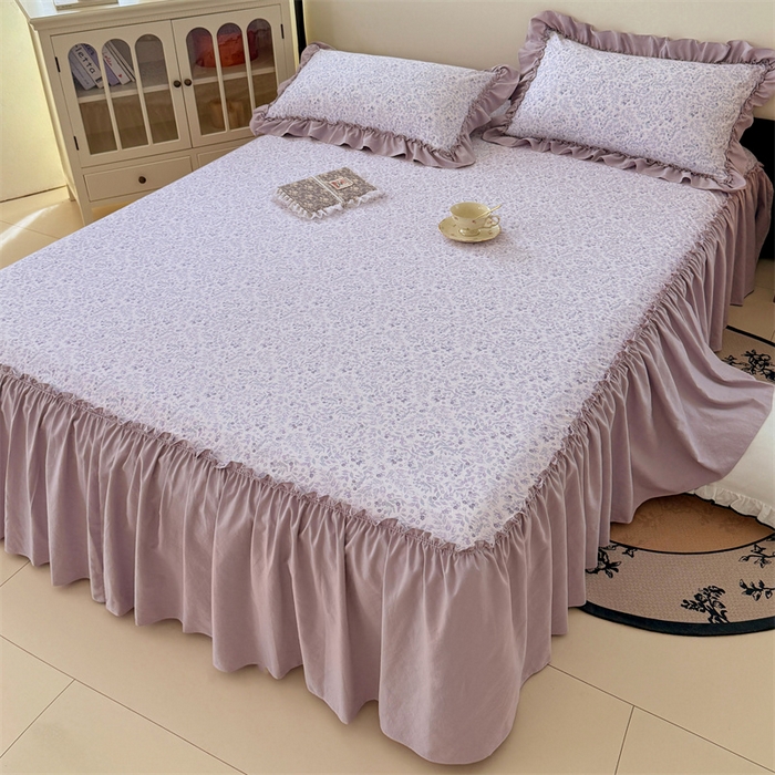 梦舒羽 2025新款水洗珍珠棉单件床裙双层纱床垫保护罩三件套 浅影摇曳-紫