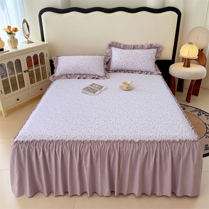 91家纺网 家纺一手货源 找家纺 梦舒羽 2025新款水洗珍珠棉单件床裙双层纱床垫保护罩三件套 浅影摇曳-紫