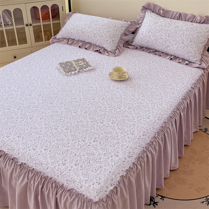 91家纺网 家纺一手货源 找家纺 梦舒羽 2025新款水洗珍珠棉单件床裙双层纱床垫保护罩三件套 浅影摇曳-紫