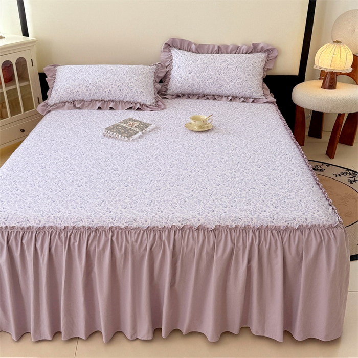 91家纺网 家纺一手货源 找家纺 梦舒羽 2025新款水洗珍珠棉单件床裙双层纱床垫保护罩三件套 浅影摇曳-紫