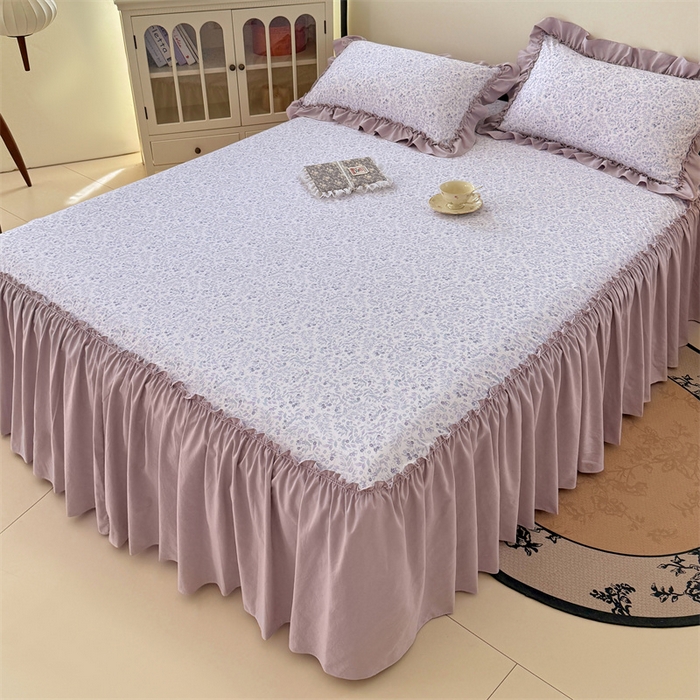 91家纺网 家纺一手货源 找家纺 梦舒羽 2025新款水洗珍珠棉单件床裙双层纱床垫保护罩三件套 浅影摇曳-紫