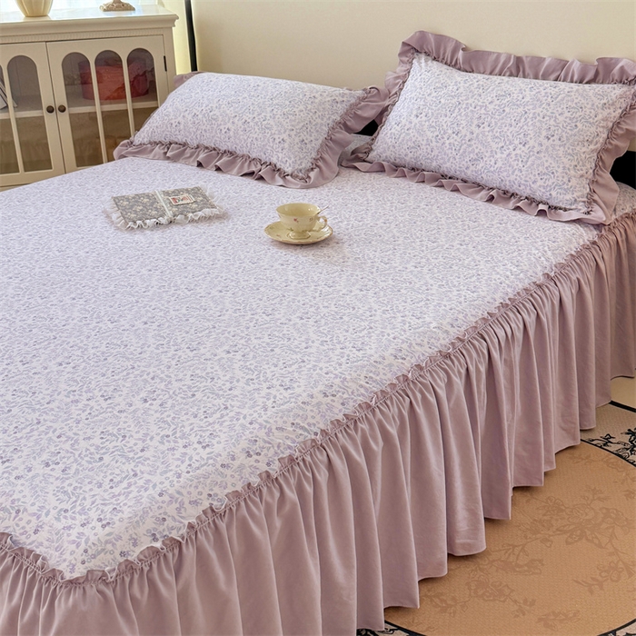 91家纺网 家纺一手货源 找家纺 梦舒羽 2025新款水洗珍珠棉单件床裙双层纱床垫保护罩三件套 浅影摇曳-紫