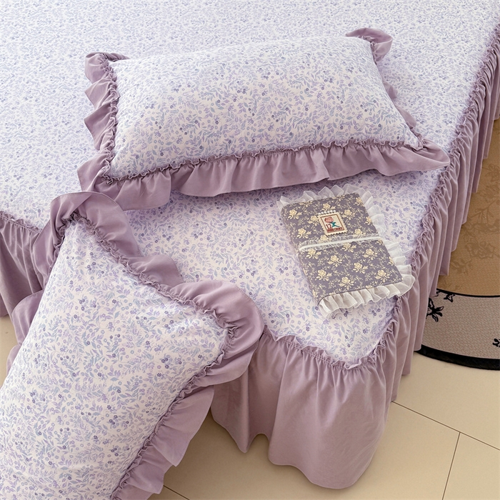 91家纺网 家纺一手货源 找家纺 梦舒羽 2025新款水洗珍珠棉单件床裙双层纱床垫保护罩三件套 浅影摇曳-紫