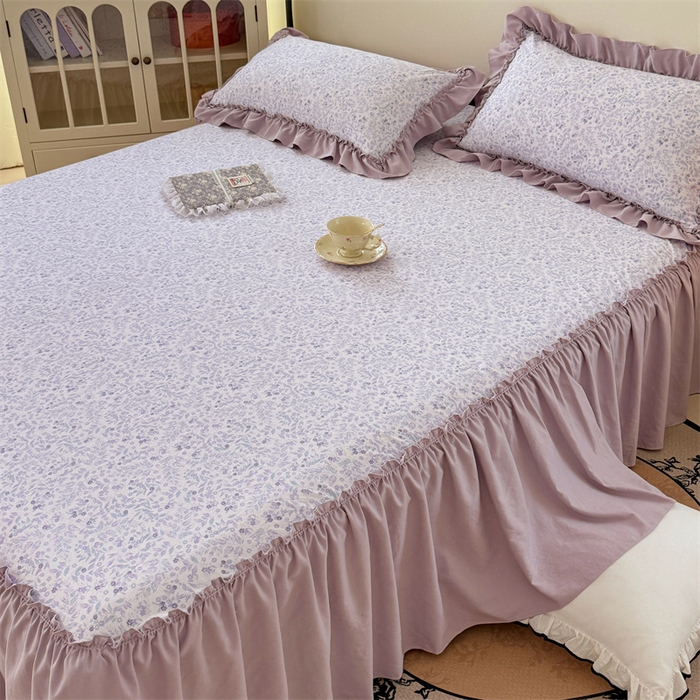 91家纺网 家纺一手货源 找家纺 梦舒羽 2025新款水洗珍珠棉单件床裙双层纱床垫保护罩三件套 浅影摇曳-紫