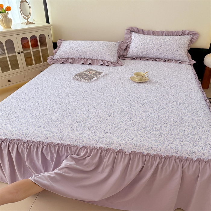 91家纺网 家纺一手货源 找家纺 梦舒羽 2025新款水洗珍珠棉单件床裙双层纱床垫保护罩三件套 浅影摇曳-紫