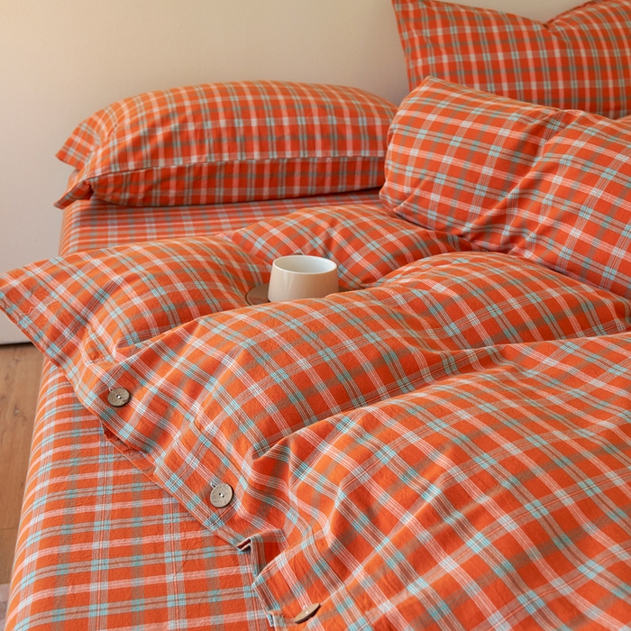 91家纺网 家纺一手货源 找家纺 贝尔 PELLHOME 全棉色织水洗棉格子单被套（可抖音代发） 梦田-桔