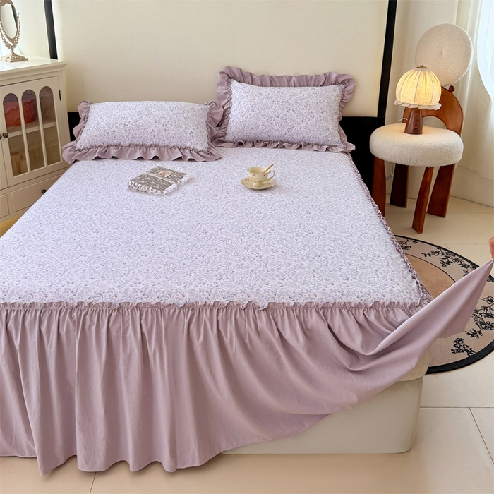 91家纺网 家纺一手货源 找家纺 梦舒羽 2025新款水洗珍珠棉单件床裙双层纱床垫保护罩三件套 浅影摇曳-紫