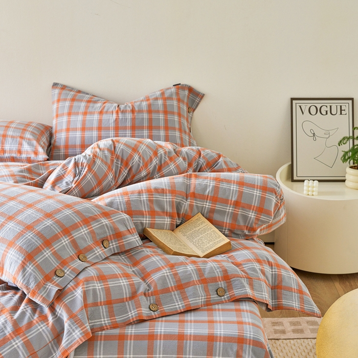 91家纺网 家纺一手货源 找家纺 贝尔 PELLHOME 全棉色织水洗棉格子单被套（可抖音代发） 泊雅-桔