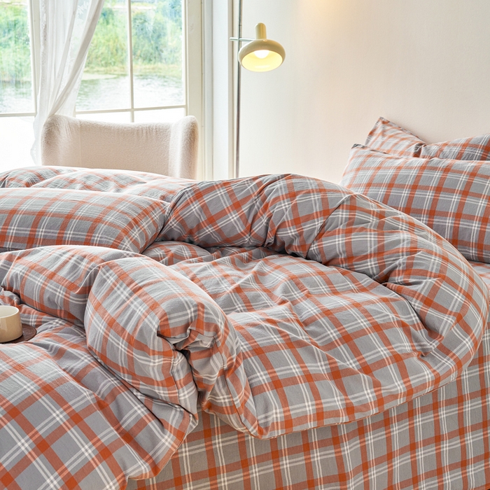91家纺网 家纺一手货源 找家纺 贝尔 PELLHOME 全棉色织水洗棉格子单被套（可抖音代发） 泊雅-桔