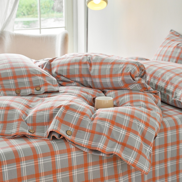 91家纺网 家纺一手货源 找家纺 贝尔 PELLHOME 全棉色织水洗棉格子单被套（可抖音代发） 泊雅-桔