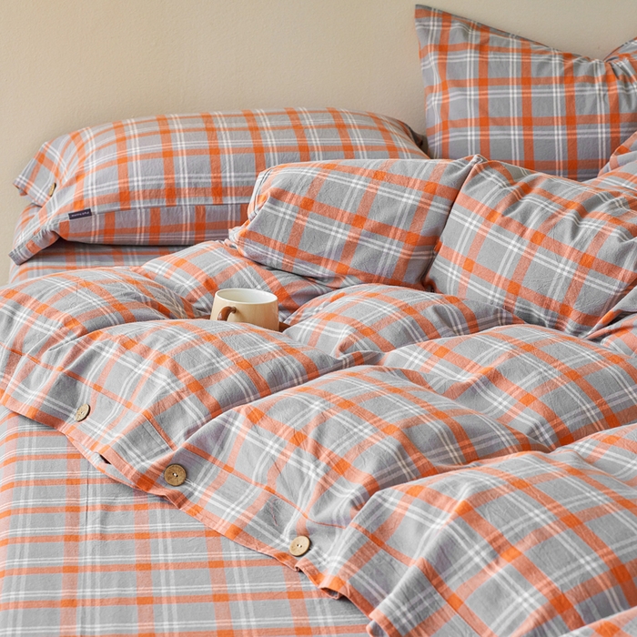 91家纺网 家纺一手货源 找家纺 贝尔 PELLHOME 全棉色织水洗棉格子单被套（可抖音代发） 泊雅-桔