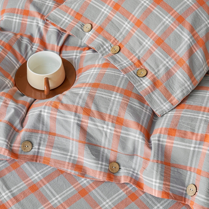 91家纺网 家纺一手货源 找家纺 贝尔 PELLHOME 全棉色织水洗棉格子单被套（可抖音代发） 泊雅-桔