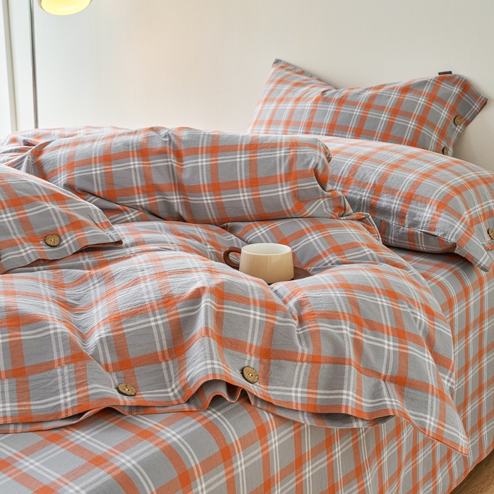 91家纺网 家纺一手货源 找家纺 贝尔 PELLHOME 全棉色织水洗棉格子单被套（可抖音代发） 泊雅-桔