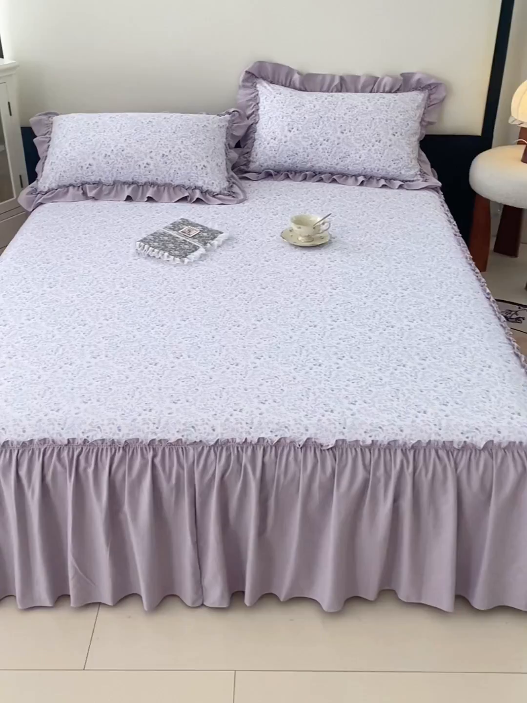 91家纺网 家纺一手货源 找家纺 梦舒羽 2025新款水洗珍珠棉单件床裙双层纱床垫保护罩三件套 浅影摇曳-紫