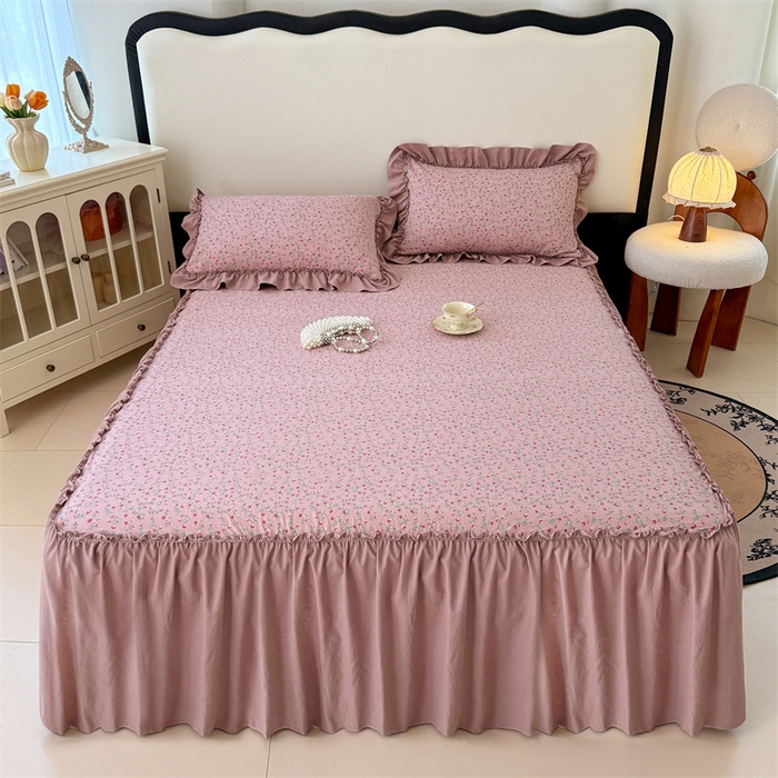 91家纺网 家纺一手货源 找家纺 梦舒羽 2025新款水洗珍珠棉单件床裙双层纱床垫保护罩三件套 樱桃季