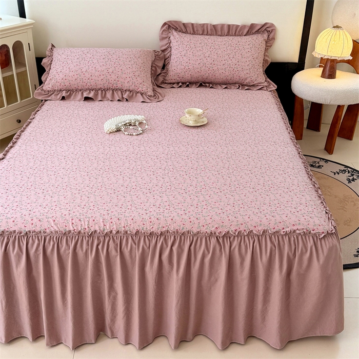 91家纺网 家纺一手货源 找家纺 梦舒羽 2025新款水洗珍珠棉单件床裙双层纱床垫保护罩三件套 樱桃季