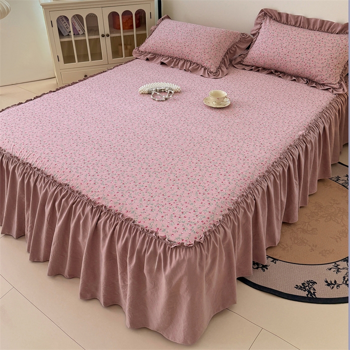 91家纺网 家纺一手货源 找家纺 梦舒羽 2025新款水洗珍珠棉单件床裙双层纱床垫保护罩三件套 樱桃季