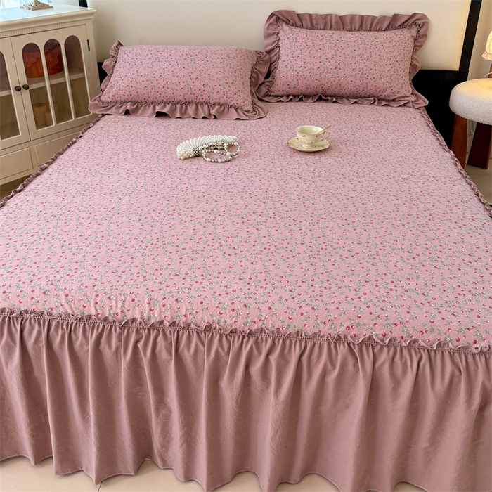 91家纺网 家纺一手货源 找家纺 梦舒羽 2025新款水洗珍珠棉单件床裙双层纱床垫保护罩三件套 樱桃季