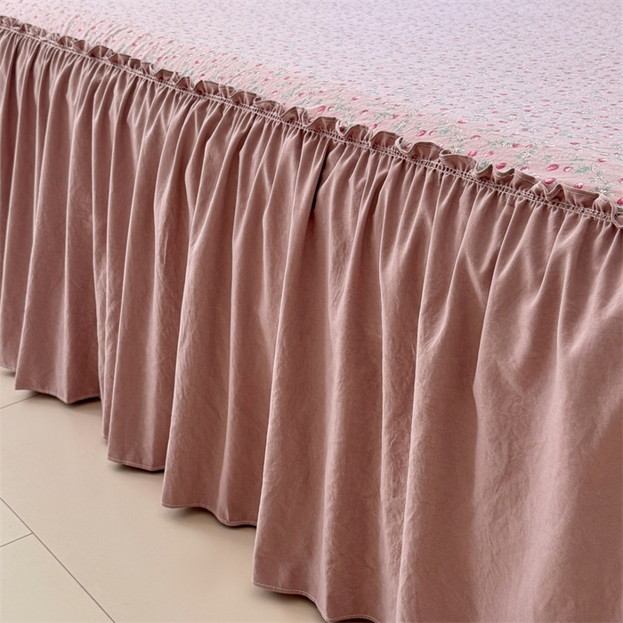 91家纺网 家纺一手货源 找家纺 梦舒羽 2025新款水洗珍珠棉单件床裙双层纱床垫保护罩三件套 樱桃季