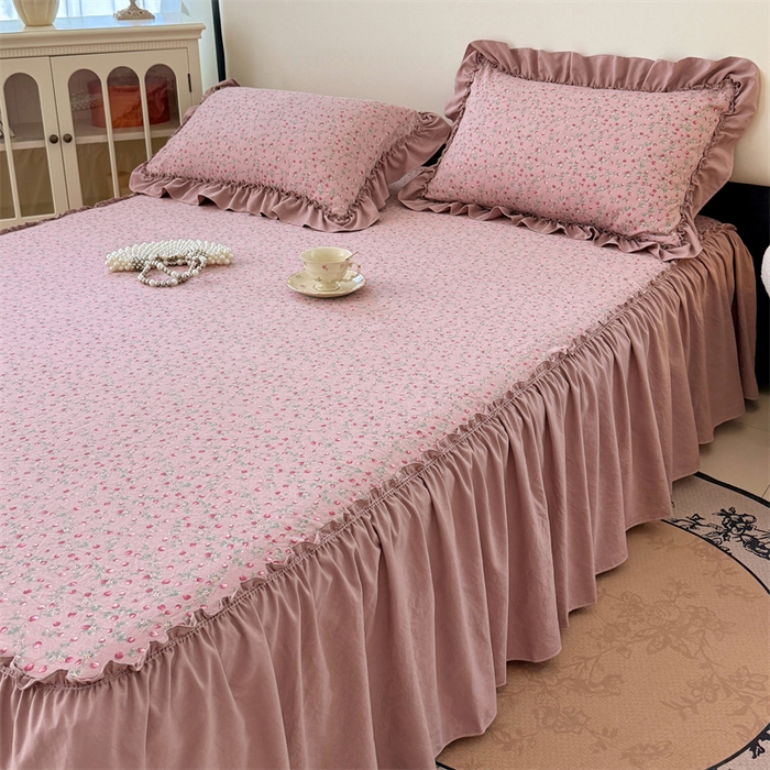 91家纺网 家纺一手货源 找家纺 梦舒羽 2025新款水洗珍珠棉单件床裙双层纱床垫保护罩三件套 樱桃季