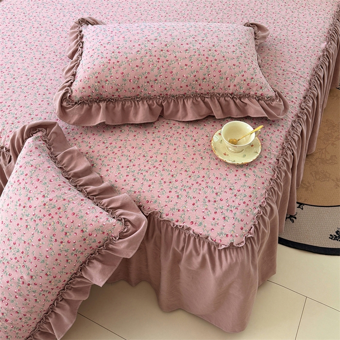 91家纺网 家纺一手货源 找家纺 梦舒羽 2025新款水洗珍珠棉单件床裙双层纱床垫保护罩三件套 樱桃季