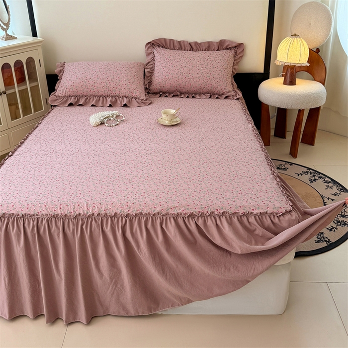 91家纺网 家纺一手货源 找家纺 梦舒羽 2025新款水洗珍珠棉单件床裙双层纱床垫保护罩三件套 樱桃季