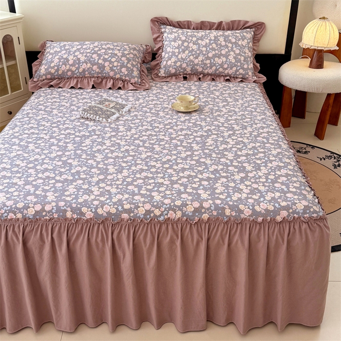 91家纺网 家纺一手货源 找家纺 梦舒羽 2025新款水洗珍珠棉单件床裙双层纱床垫保护罩三件套 云裳花谷