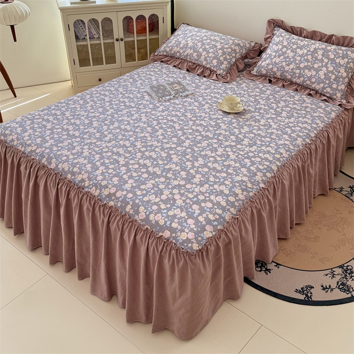 91家纺网 家纺一手货源 找家纺 梦舒羽 2025新款水洗珍珠棉单件床裙双层纱床垫保护罩三件套 云裳花谷