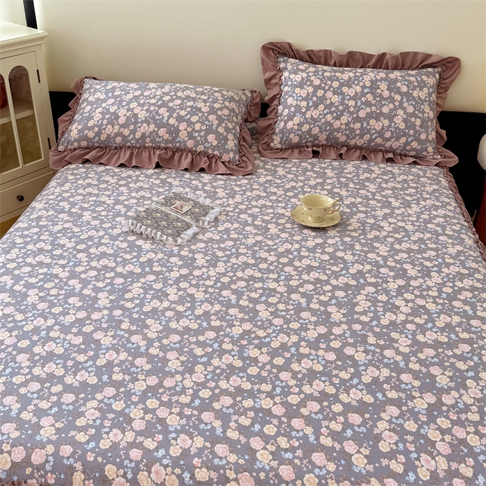 91家纺网 家纺一手货源 找家纺 梦舒羽 2025新款水洗珍珠棉单件床裙双层纱床垫保护罩三件套 云裳花谷